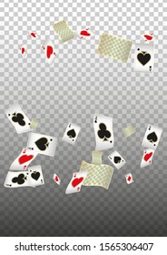 Playing Cards falling on transparent background. Vector illustration. Pattern for ads of parties, events in Vegas.