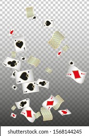 Playing Cards falling on transparent background. Vector illustration. Pattern for ads of parties, events in Vegas.