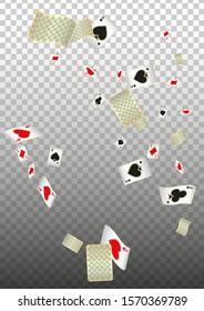 Playing Cards falling on transparent background. Vector illustration. Pattern for ads of parties, events in Vegas.