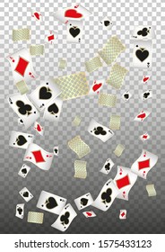 Playing Cards falling on transparent background. Vector illustration. Pattern for ads of parties, events in Vegas.