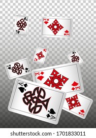 Playing Cards falling on transparent background. Vector illustration. Pattern for ads of parties, events in Vegas. Vector illustration in celtic style.