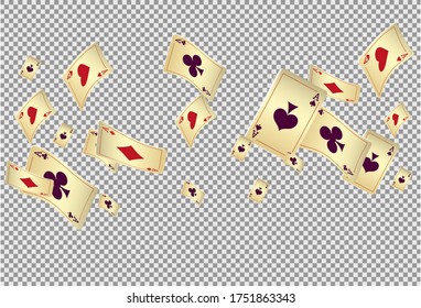 Playing Cards falling on transparent background. Vector illustration. Pattern for ads of parties, events in Vegas. Vector illustration in vintage style.
