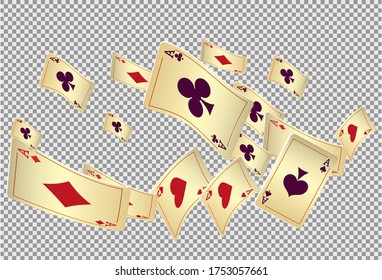 Playing Cards falling on transparent background. Vector illustration. Pattern for ads of parties, events in Vegas. Vector illustration in vintage style.