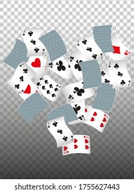 Playing Cards falling on transparent background. Vector illustration. Pattern for ads of parties, events in Vegas. Vector illustration in vintage style.