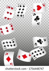 Playing Cards falling on transparent background. Vector illustration. Pattern for ads of parties, events in Vegas. Vector illustration in vintage style.