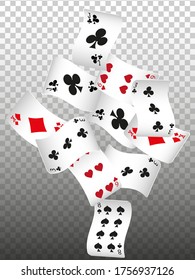 Cartas de reproducción que caen sobre fondo transparente. Ilustración vectorial. Patrón para anuncios de fiestas, eventos en Las Vegas. Ilustración vectorial en estilo vintage.
