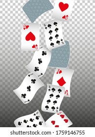 Playing Cards falling on transparent background. Vector illustration. Pattern for ads of parties, events in Vegas. Vector illustration in vintage style.