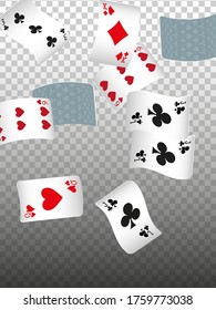 Playing Cards falling on transparent background. Vector illustration. Pattern for ads of parties, events in Vegas. Vector illustration in vintage style.