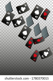 Cartas de reproducción que caen sobre fondo transparente. Patrón de anuncios de fiestas, eventos en Las Vegas
