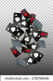 Playing Cards falling on transparent background. Pattern for ads of parties, events in Vegas