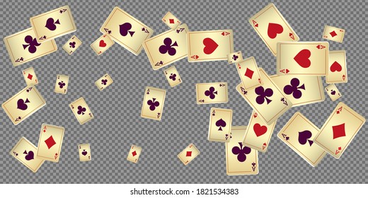 Playing Cards falling on transparent background. Vector illustration. Pattern for ads of parties, events in Vegas.