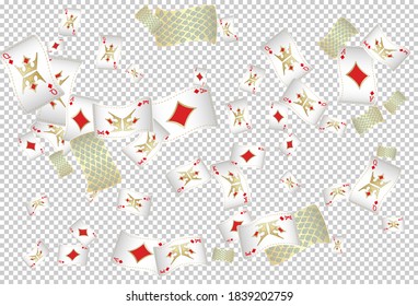 Playing Cards falling on transparent background. Vector illustration. Pattern for ads of parties, events in Vegas.