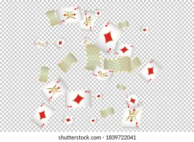 Playing Cards falling on transparent background. Vector illustration. Pattern for ads of parties, events in Vegas.