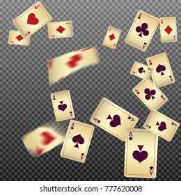 Playing cards falling on transparent background. Vector illustration in vintage style.