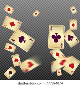 Playing cards falling on transparent background. Vector illustration in vintage style.