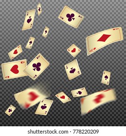 Playing cards falling on transparent background. Vector illustration in vintage style.