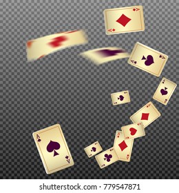 Playing cards falling on transparent background. Vector illustration in vintage style.