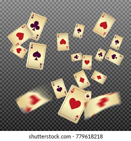 Playing cards falling on transparent background. Vector illustration in vintage style.