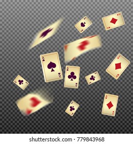 Playing cards falling on transparent background. Vector illustration in vintage style.