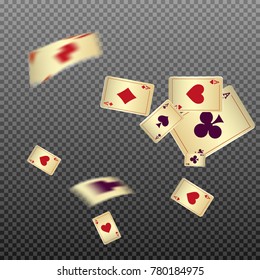 Playing cards falling on transparent background. Vector illustration in vintage style.