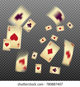 Playing cards falling on transparent background. Vector illustration in vintage style.