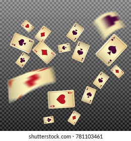 Playing cards falling on transparent background. Vector illustration in vintage style.