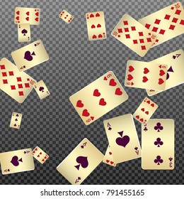 Playing cards falling on transparent background. Vector illustration in vintage style.
