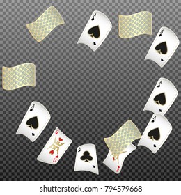 Playing cards falling on transparent background. Vector illustration in vintage style.