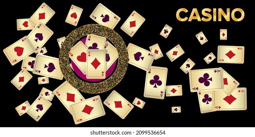 Playing cards falling. Pattern for ads of parties, events in Vegas. Vector illustration in vintage style.