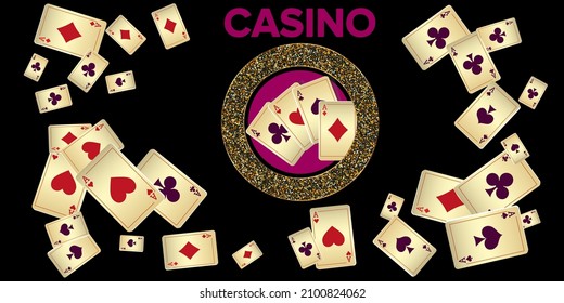 Playing cards falling. Pattern for ads of parties, events in Vegas. Vector illustration in vintage style.
