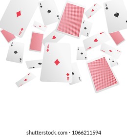 Playing cards falling in various positions chaotic composition of diamonds spades hearts aces realistic background vector illustration 