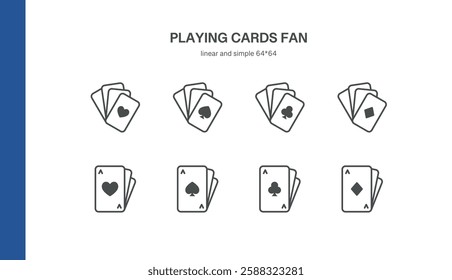 Playing Cards Fan Icons. Set of 8 minimal linear icons featuring fanned card hands, aces, and suits. Perfect for casino, poker, and gambling designs. Vector illustration.