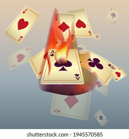 Jugando cartas y fuego. El concepto de ganar o apostar. Póquer y juegos de cartas. Ilustración del vector 3d