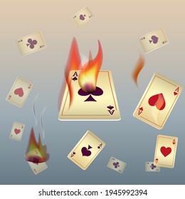 Playing cards and fire. The concept of winning or gambling. Poker and card games. Vector 3d illustration