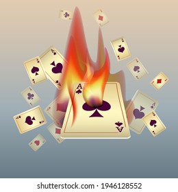 Playing cards and fire. The concept of winning or gambling. Poker and card games. Vector 3d illustration