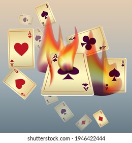 Spielkarten und Feuer. Das Konzept des Gewinns oder Glücksspiels. Poker- und Kartenspiele. Vektorgrafik 3D