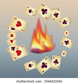 Spielkarten und Feuer. Das Konzept des Gewinns oder Glücksspiels. Poker- und Kartenspiele. Vektorgrafik 3D