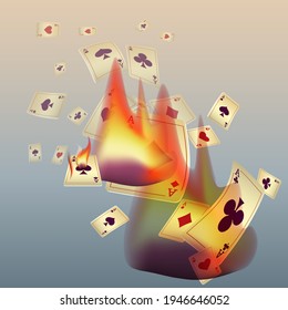 Playing cards and fire. The concept of winning or gambling. Poker and card games. Vector 3d illustration