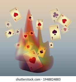 Playing cards and fire. The concept of winning or gambling. Poker and card games. Vector 3d illustration 