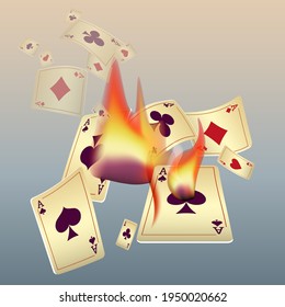 Playing cards and fire. The concept of winning or gambling. Poker and card games. Vector 3d illustration 