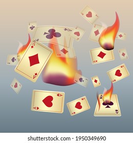 Playing cards and fire. The concept of winning or gambling. Poker and card games. Vector 3d illustration 