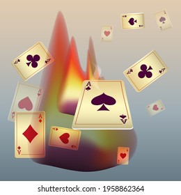 Playing cards and fire. The concept of winning or gambling. Poker and card games. Vector 3d illustration 