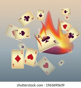 Jugando cartas y fuego. El concepto de ganar o apostar. Póquer y juegos de cartas. Ilustración del vector 3d 