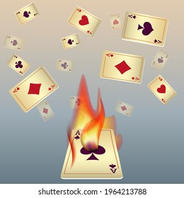 Playing cards and fire. The concept of winning or gambling. Poker and card games. Vector 3d illustration 