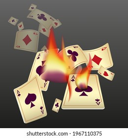 Playing cards and fire. The concept of winning or gambling. Poker and card games. Vector 3d illustration 
