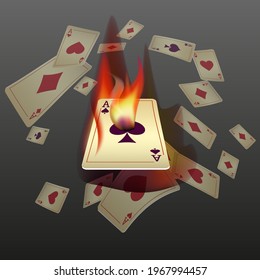 Playing cards and fire. The concept of winning or gambling. Poker and card games. Vector 3d illustration 
