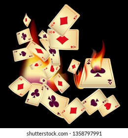 Playing Cards and Fire on Black Background. Vector illustration in vintage style.