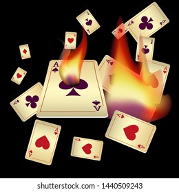 Playing Cards and Fire on Black Background. Vector illustration in vintage style.