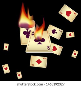 Playing Cards and Fire on Black Background. Vector illustration in vintage style.