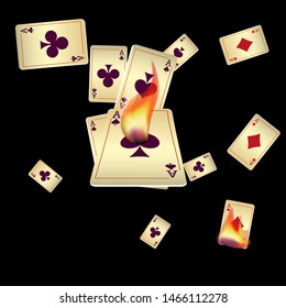Playing Cards and Fire on Black Background. Vector illustration in vintage style.